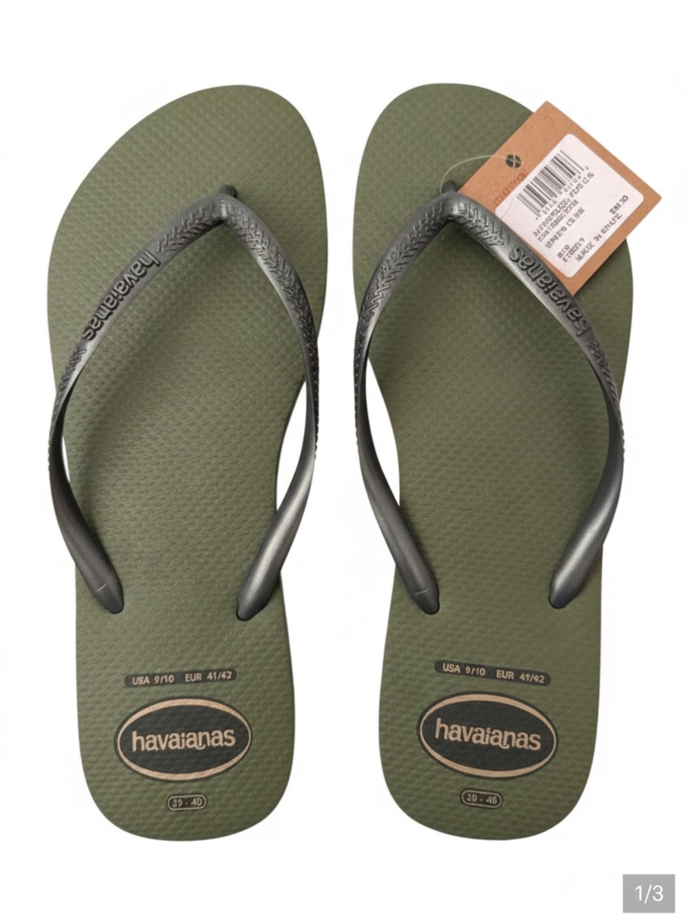 Havaianas Women’s Green Olive Glitter Textured Flip Flops, Size 9/10, EUR 41/42